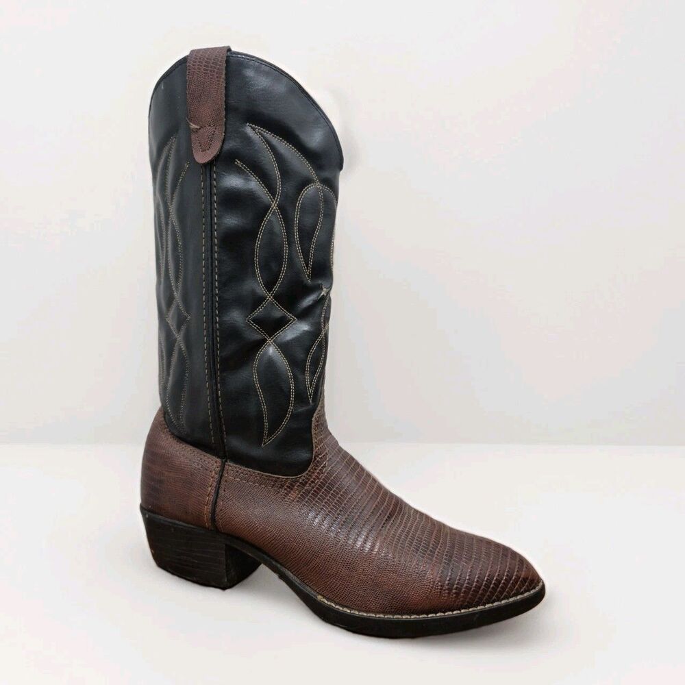 Vintage Mens Bronco Western Cowboy Boots Brown Lizard Print 168087 Size 9.5D USA